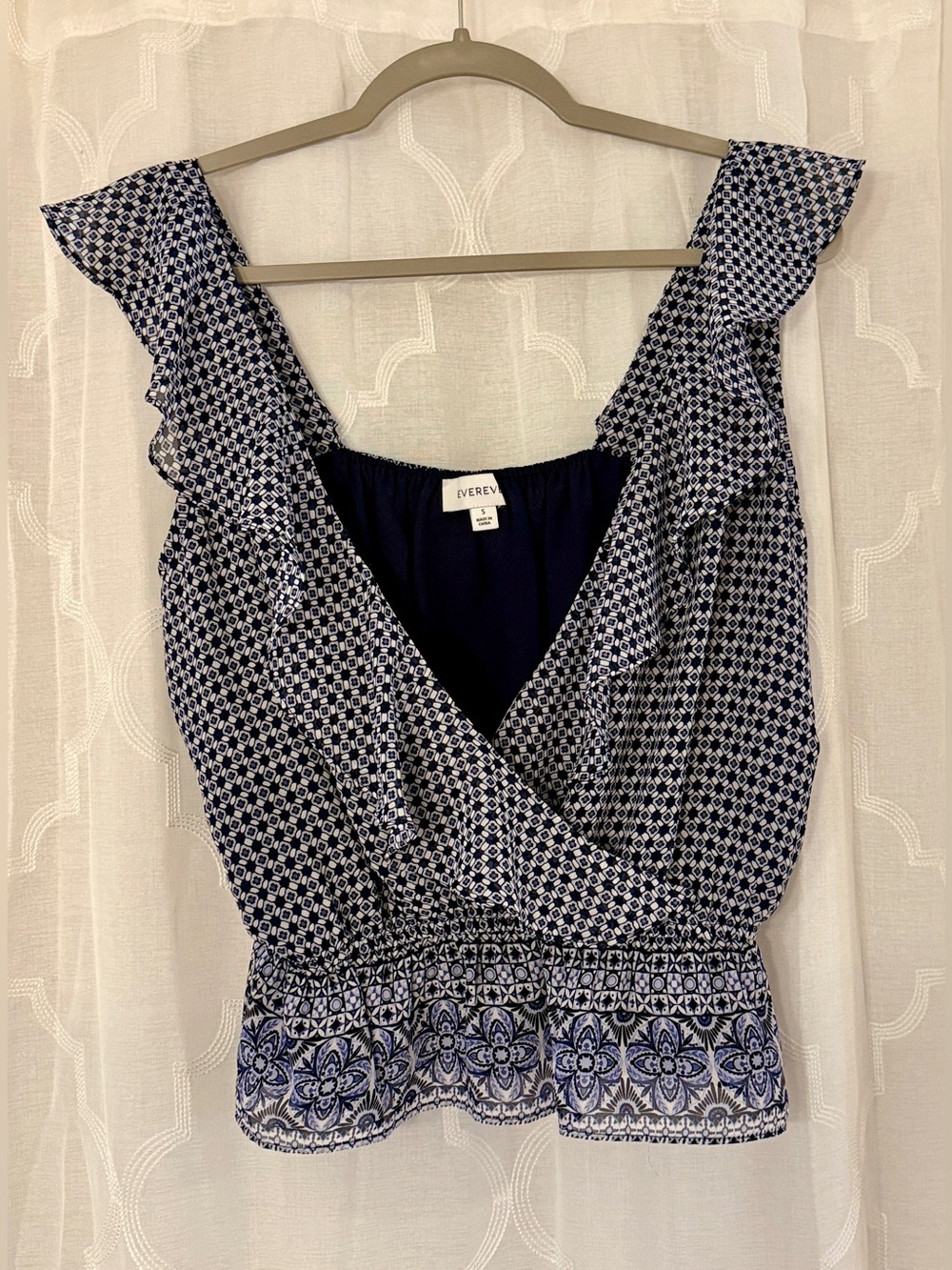 Evereve Small Navy Blue Print Ruffle Wrap Smocked Waist Cami Blouse Top